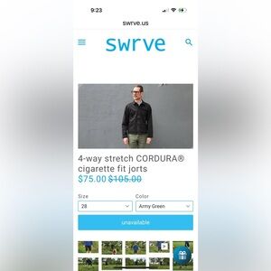 Swrve 4-way stretch CORDURA® cigarette fit jorts men's Army Green 28 ￼